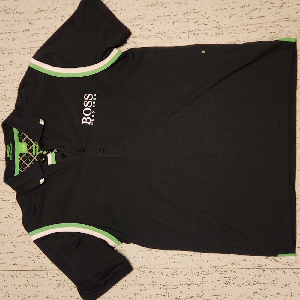 Hugo Boss Big Spellout Logo 1/4  Button Down Polo Shirt Black,Green And White